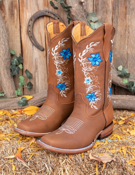 WOMENS COWGIRL Cowboy Square Toe Leather Flower Embroidered  display picture 3