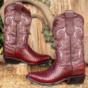 Mens Burgundy LIZARD Teju Printed LEATHER Cowboy Western Boots Botas - Etsy