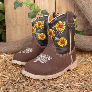 Girls BABY EMBROIDERED SUNFLOWER round toe leather cowboy boots