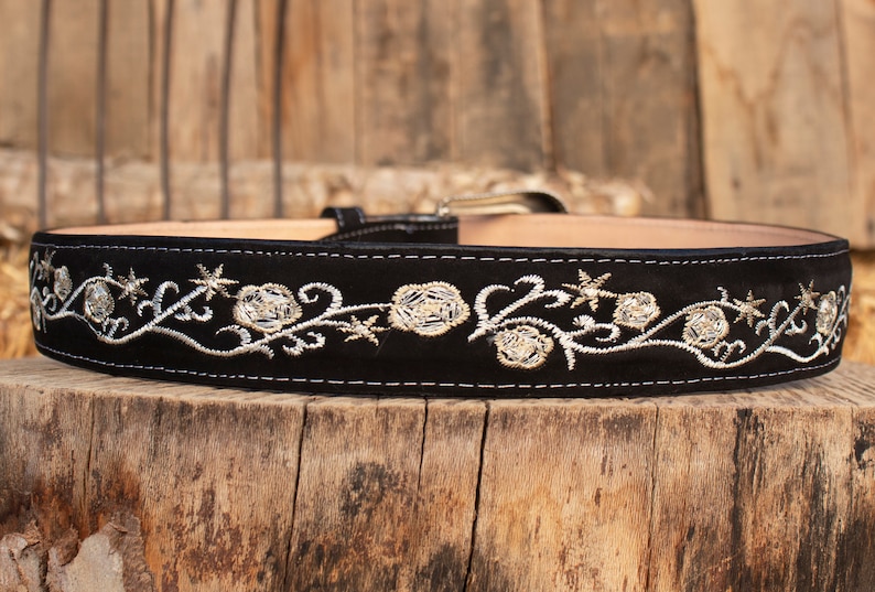 WOMENS BLACK rose EMBROIDERED Western cowgirl cowboy leather belt cinto image 3