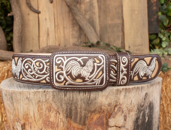 MENS WESTERN LEATHER Rooster Embroidered Leather Belt - Etsy