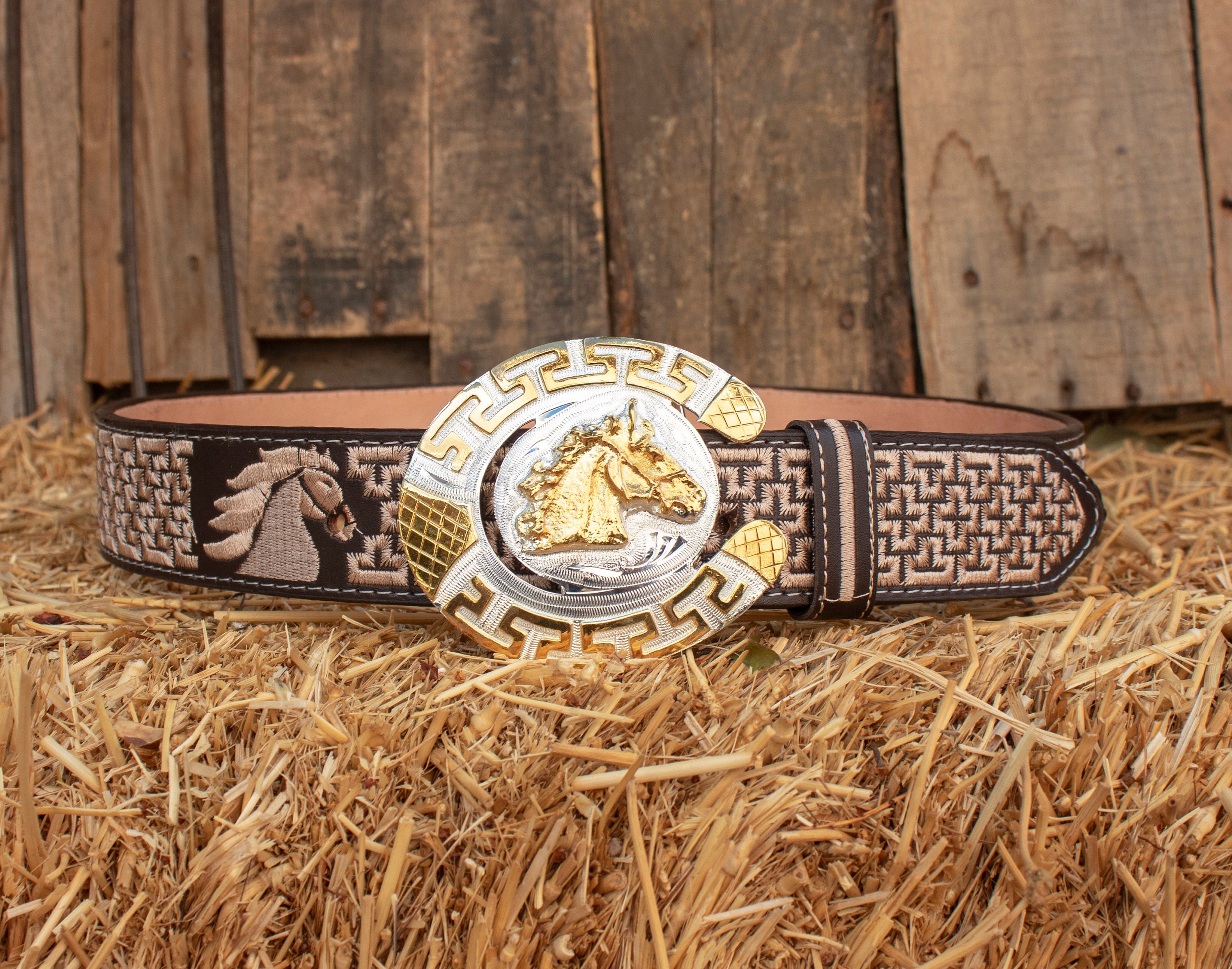 Vintage Western Leather Belt‎ Horses Embroidered Buckle Brown 36 Made Mexico Horse Shoe Embroidered Leather Belt. Men main image 4
