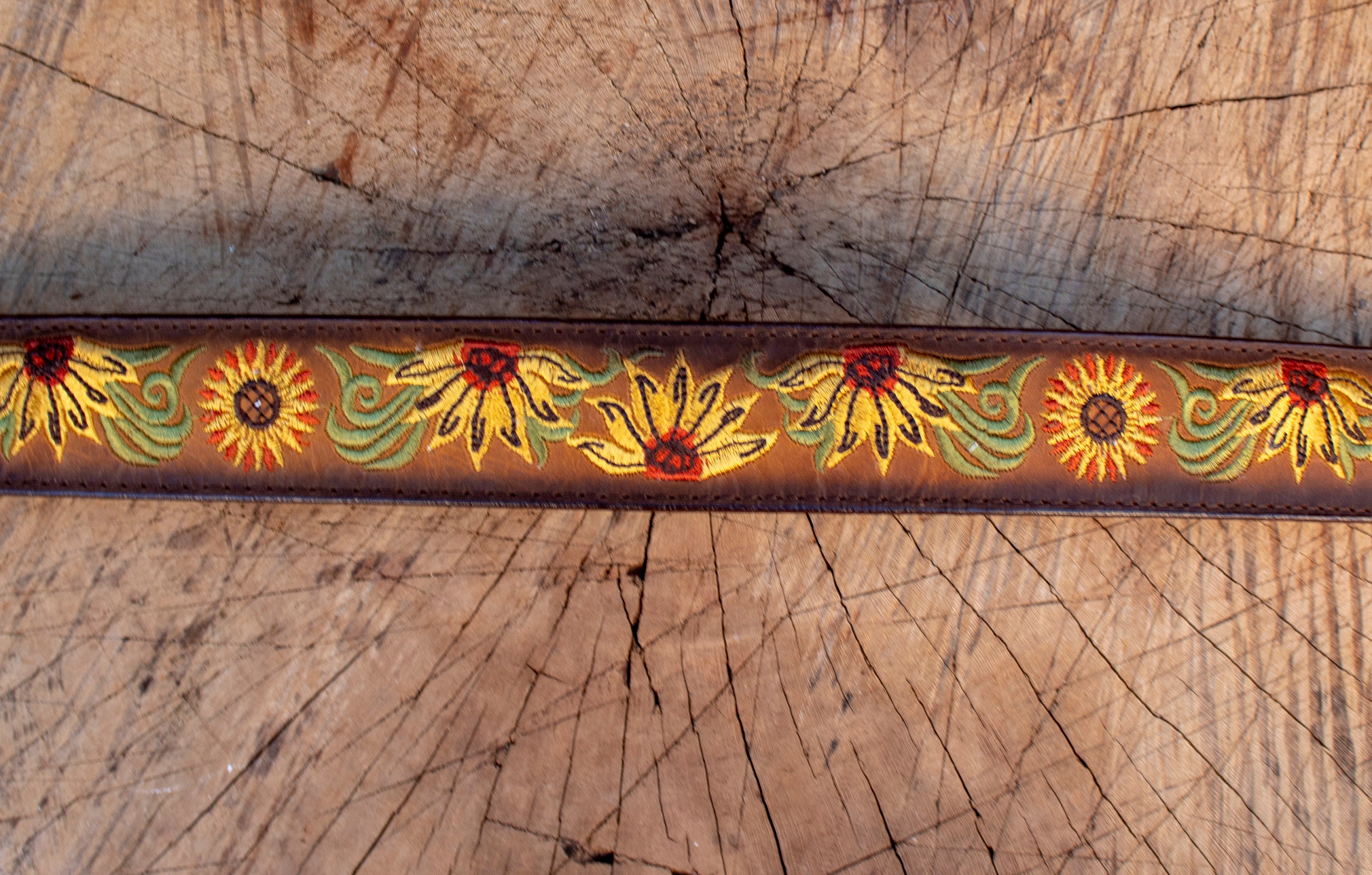 7826 Western Genuine Leather Tooled Belt With Hand Painted Sunflower Tooled leather sunflower belt- size 32 – Teal Ranch Leather main image 3