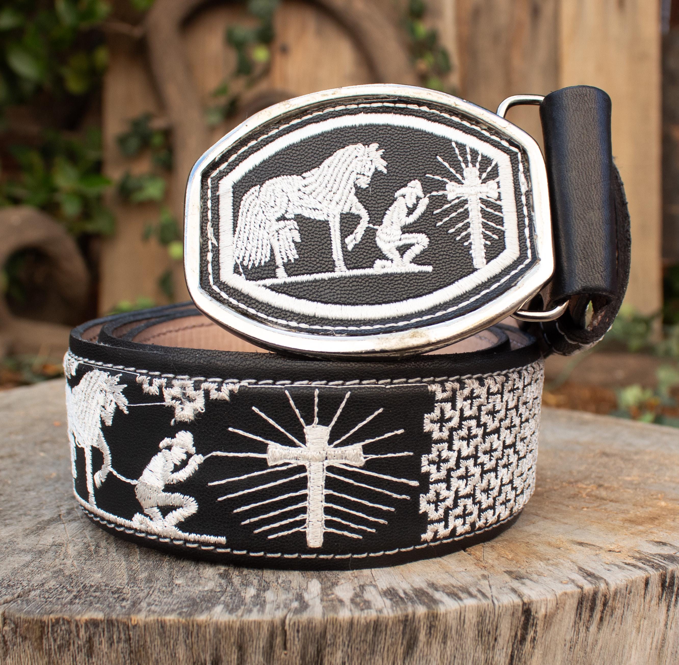 Mens Black Embroidered LEATHER PRAYING COWBOY Belt Cinto With