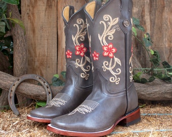 WOMENS COWGIRL cowboy square toe Gray leather embroidered BOOTS