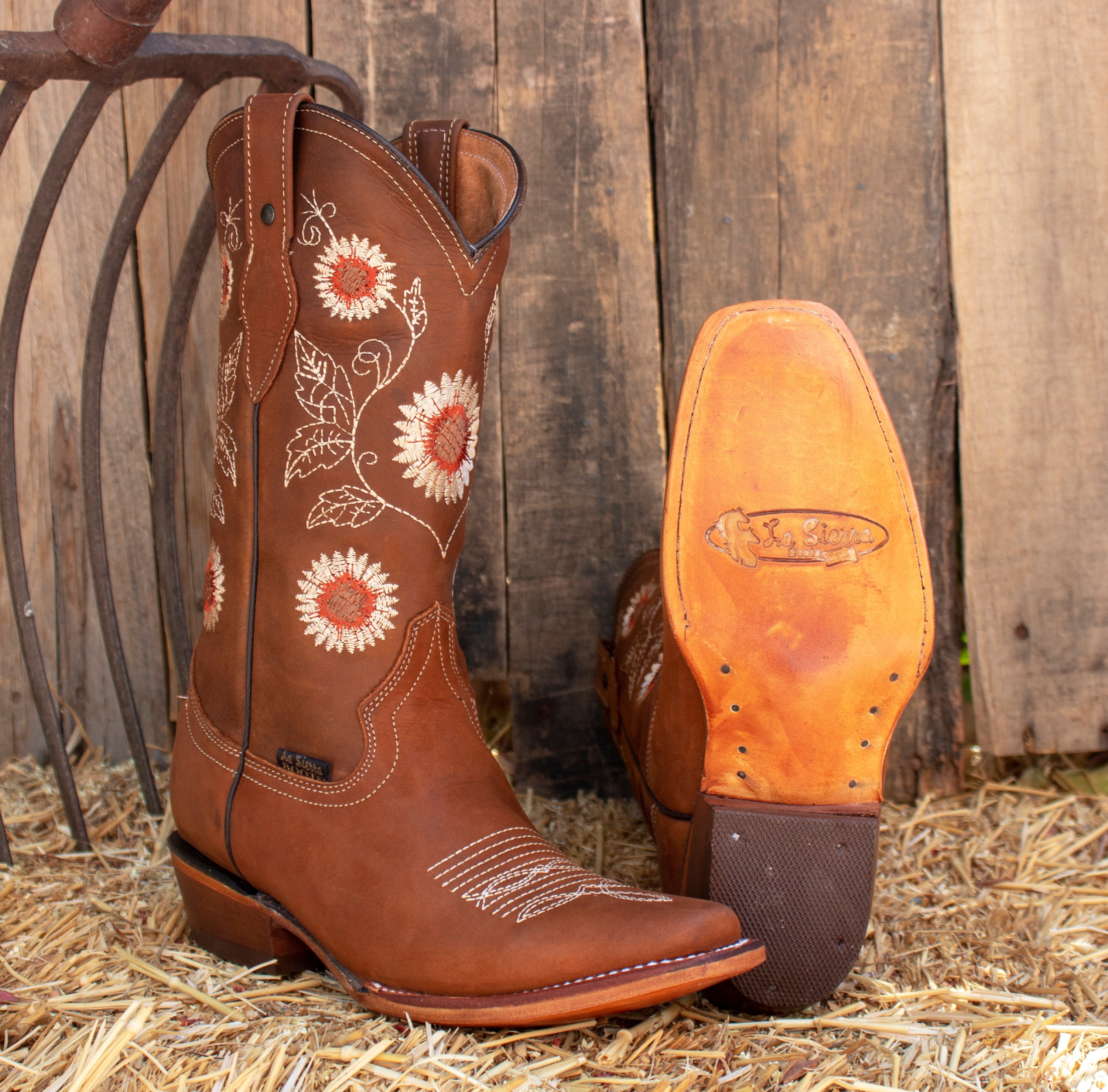 WOMENS COWGIRL square toe leather sunflower embroidered BOOTS Etsy