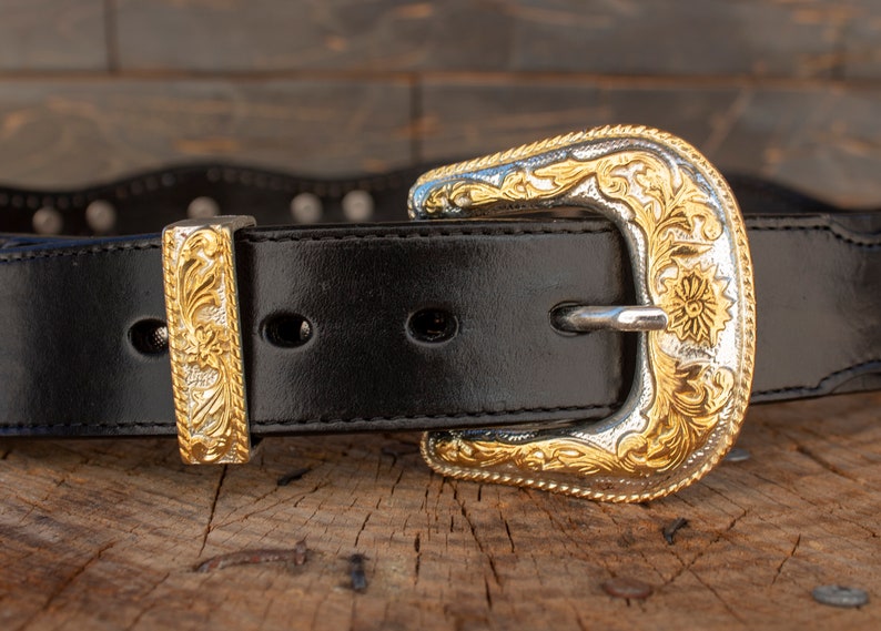 Mens LEATHER CONCHO WESTERN cowboy rodeo black belt image 5