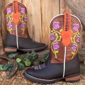 GIRLS TODDLER YOUTH Purple rose embroidered western square toe leather cowboy boots image 2