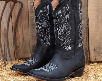 WOMENS COWGIRL cowboy square toe leather western embroidered BOOTS