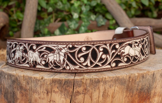 MENS WESTERN LEATHER Charro Stamped 2 Inch Width Suerte Charra 