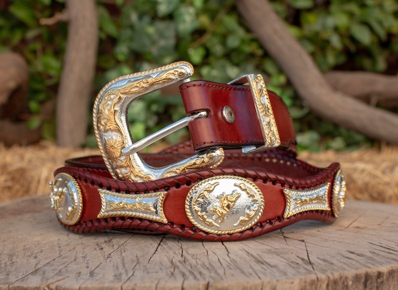 Mens LEATHER CONCHO WESTERN cowboy rodeo belt cinto vaquero fino image 1