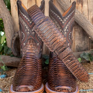 MENS Honey Brown PYTHON Snake Faux Leather Square Toe Cowboy Western ...