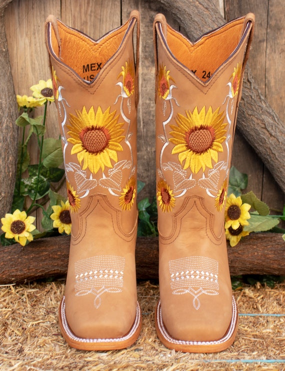 WOMENS COWGIRL Cowboy Square Toe Leather Sunflower Embroidered BOOTS 