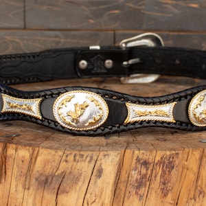 Mens LEATHER CONCHO WESTERN cowboy rodeo black belt image 3