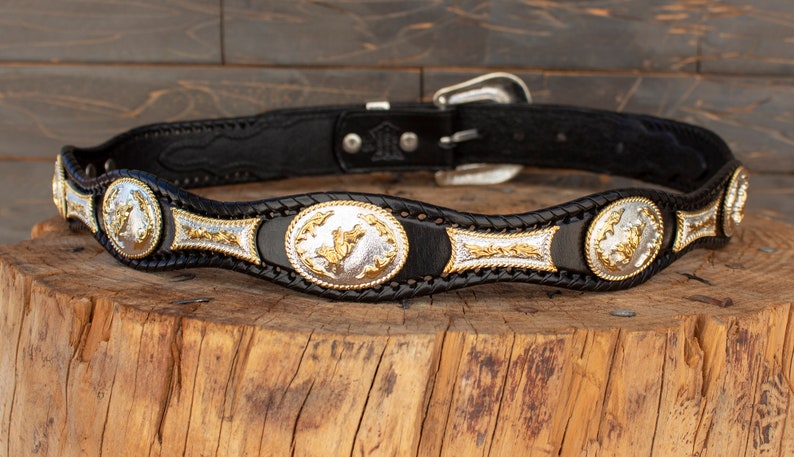 Mens LEATHER CONCHO WESTERN cowboy rodeo black belt image 3