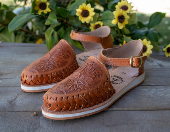 WOMENS SUNFLOWER STAMPED Brown Leather Shoe Huarache Mexican