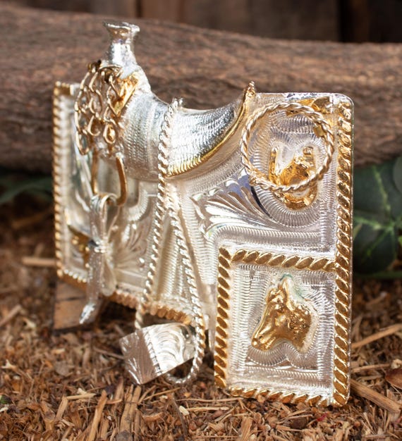 Vintage Silver & Gold Western Saddle Belt Buckle Antique Silver And Gold Horse Saddle Belt Buckle  main image 3
