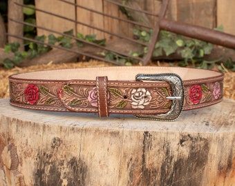 Womens LEATHER STAMPED ROSES Western cowgirl cowboy leather belt cinto girasol