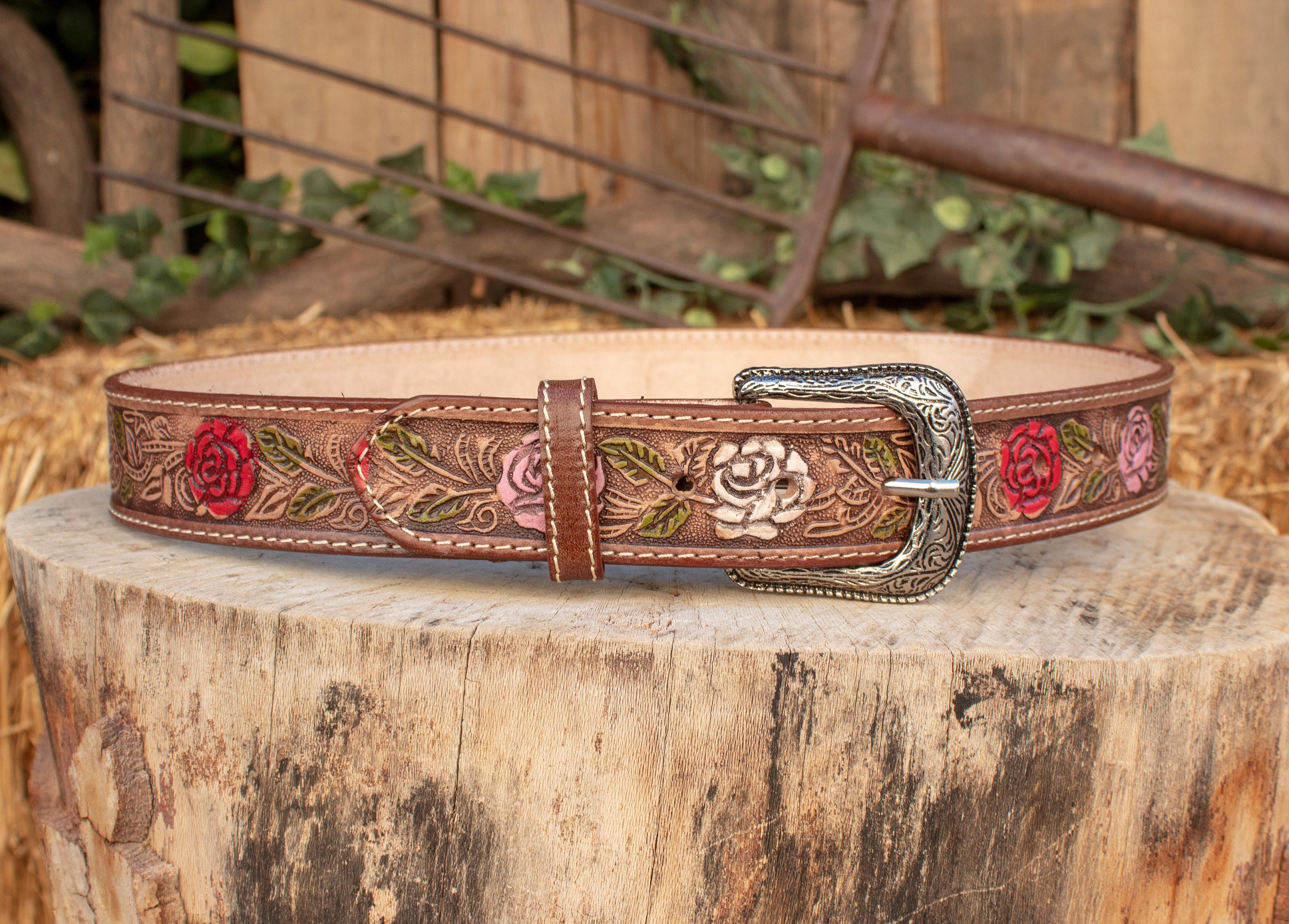 WOMENS ROSE EMBROIDERED Western Cowgirl Cowboy Leather Belt