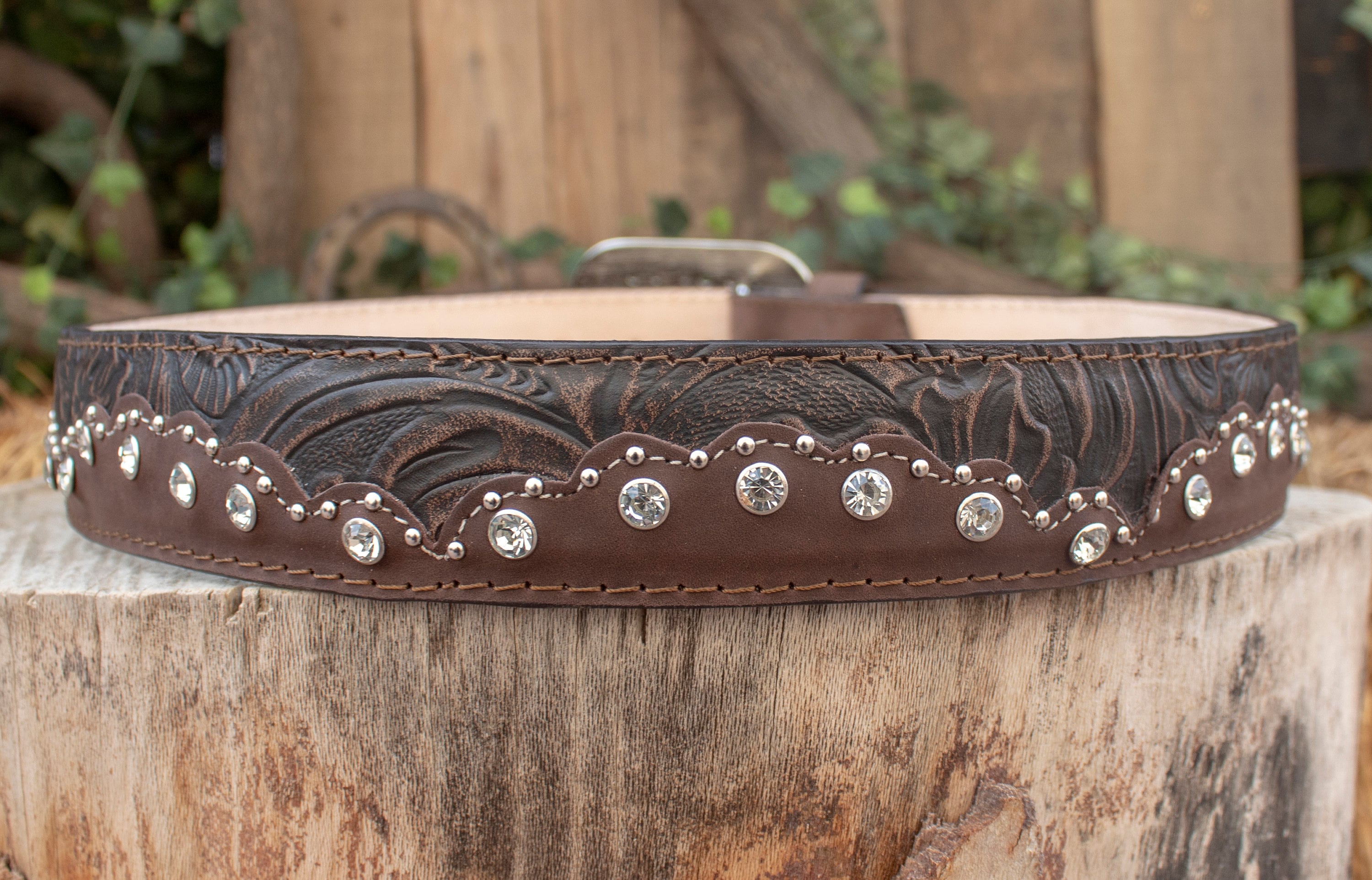 Ceinture Western Femme Cuir Marron - Cloutée Strass - Taille M - Fabriquée En Chine