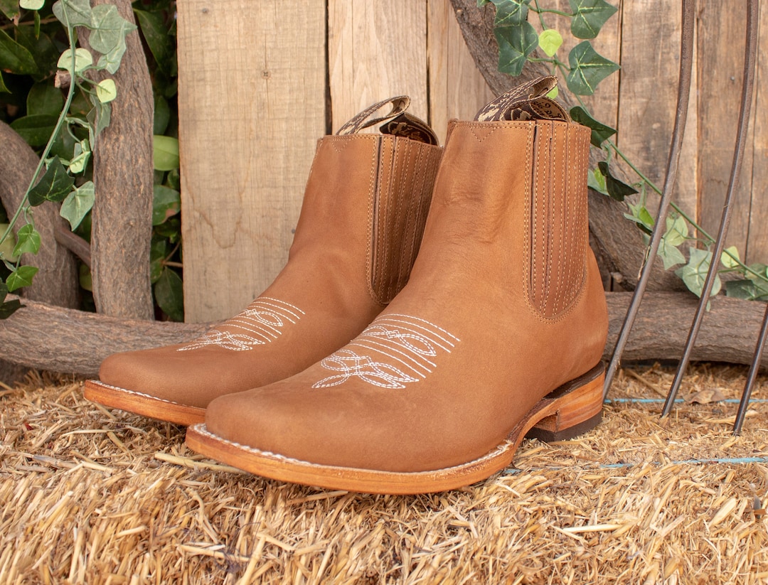 MENS LEATHER COWBOY Nobuck Rodeo Square Toe Half Boots