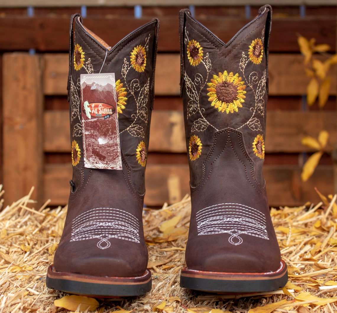 WOMENS COWGIRL square toe leather sunflower embroidered BOOTS Etsy