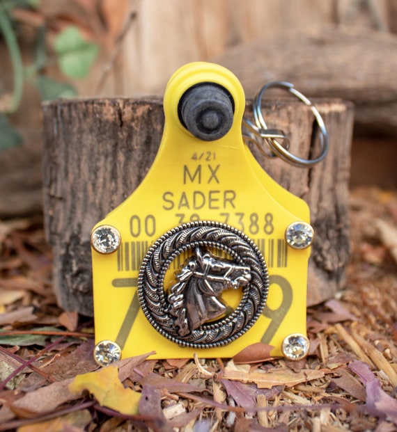 CATTLE TAG Horse Head Plaque and Rhinestone KEYCHAIN Arete De Vaca