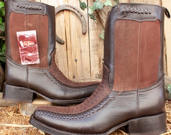 MENS brown PYTHON Snake Faux Leather suede square toe cowboy western boots with ZIPPER