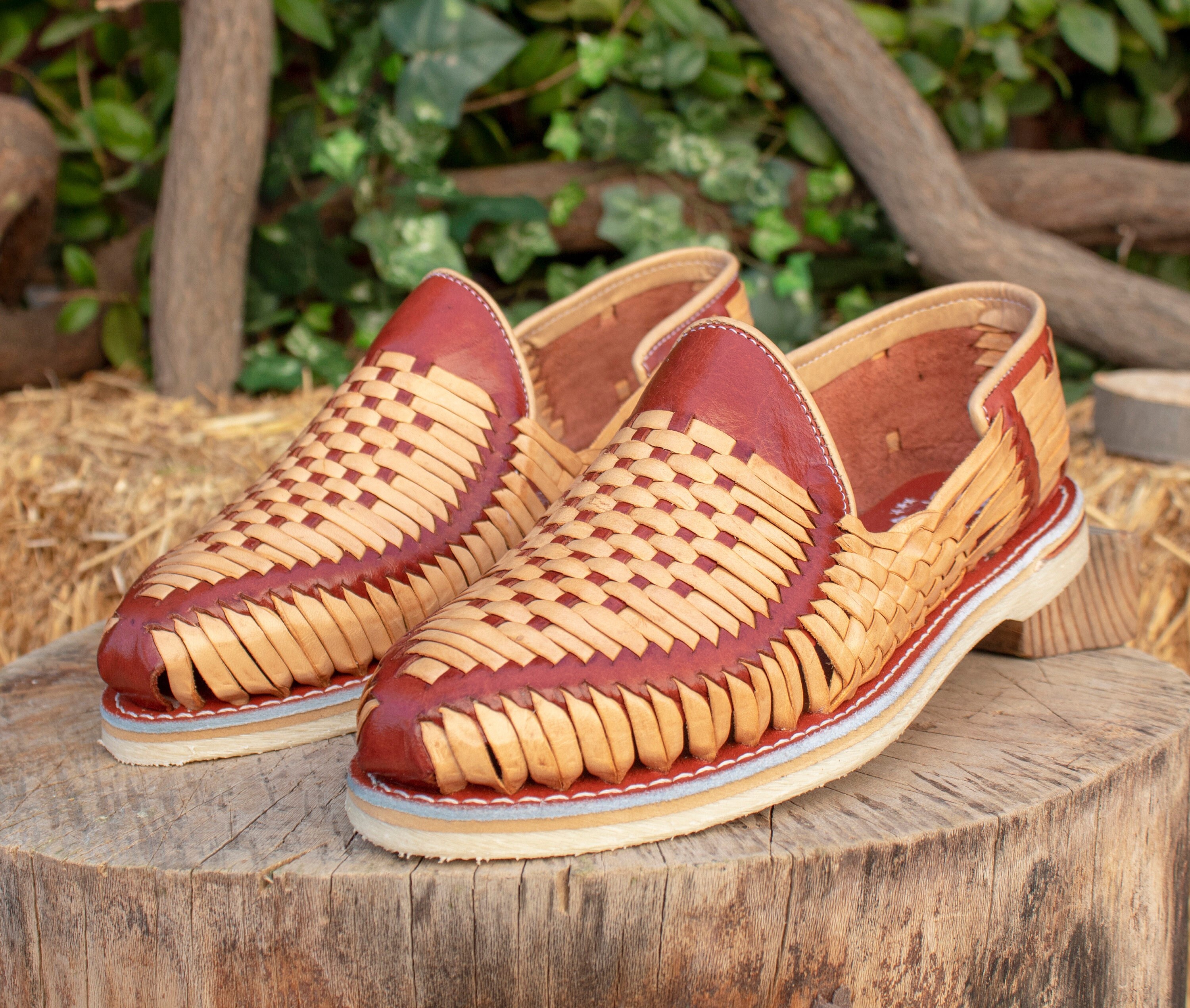 MENS LEATHER SHOE 2 Tone Brown Mexican Huarache Slip on  display picture 3