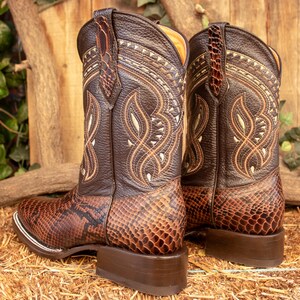 MENS Brown PYTHON Snake Faux Leather Square Toe Cowboy Western Rodeo ...