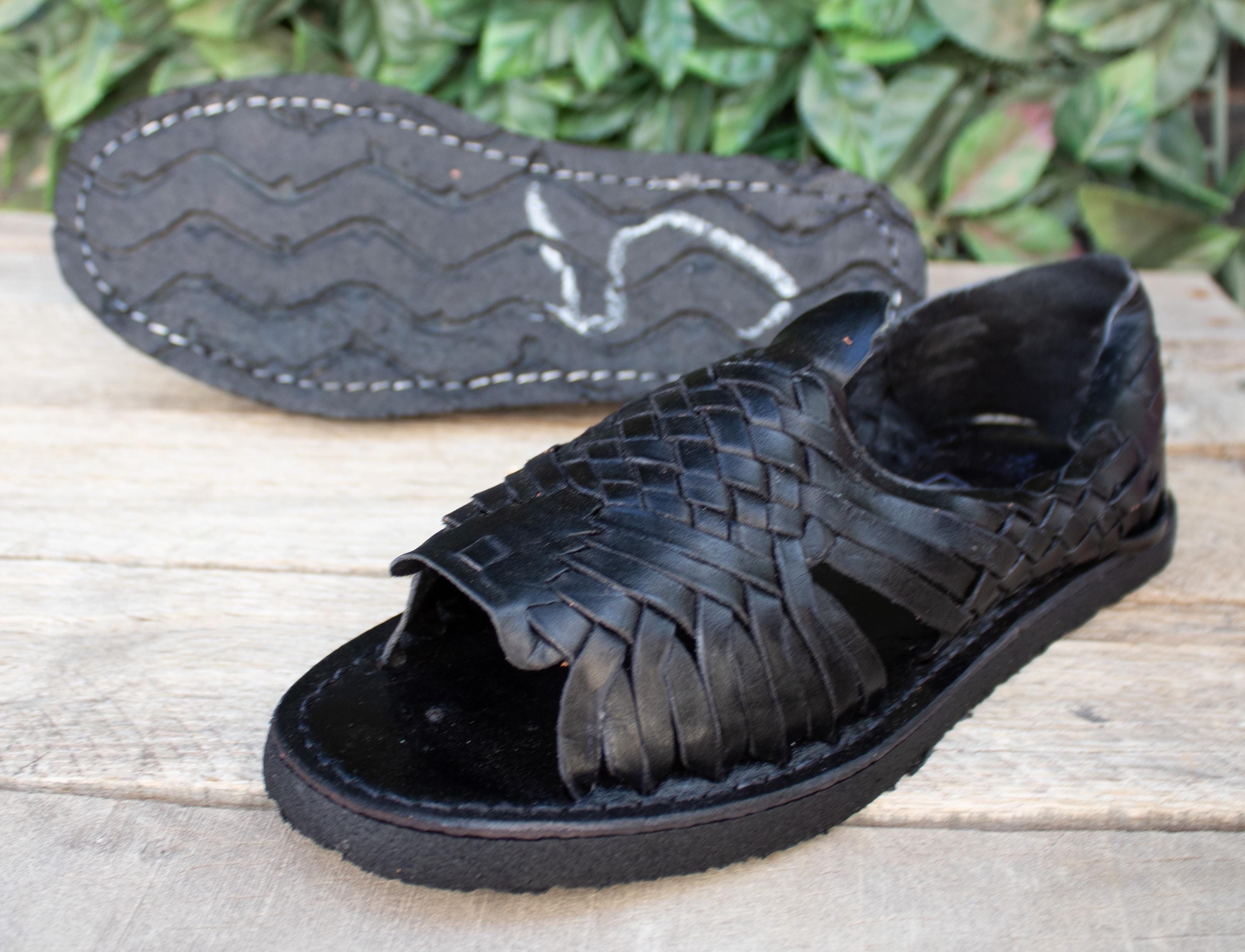 MENS LEATHER HUARACHE Black Sandals Made in Mexico With Tire Sole
