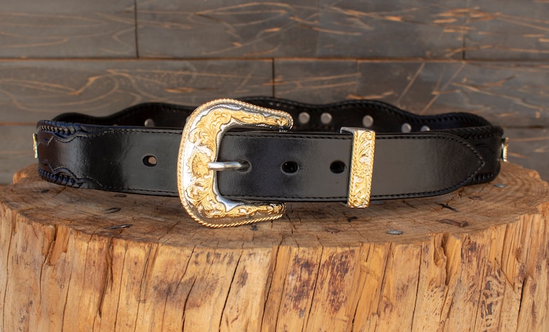 Mens LEATHER CONCHO WESTERN cowboy rodeo black belt image 2