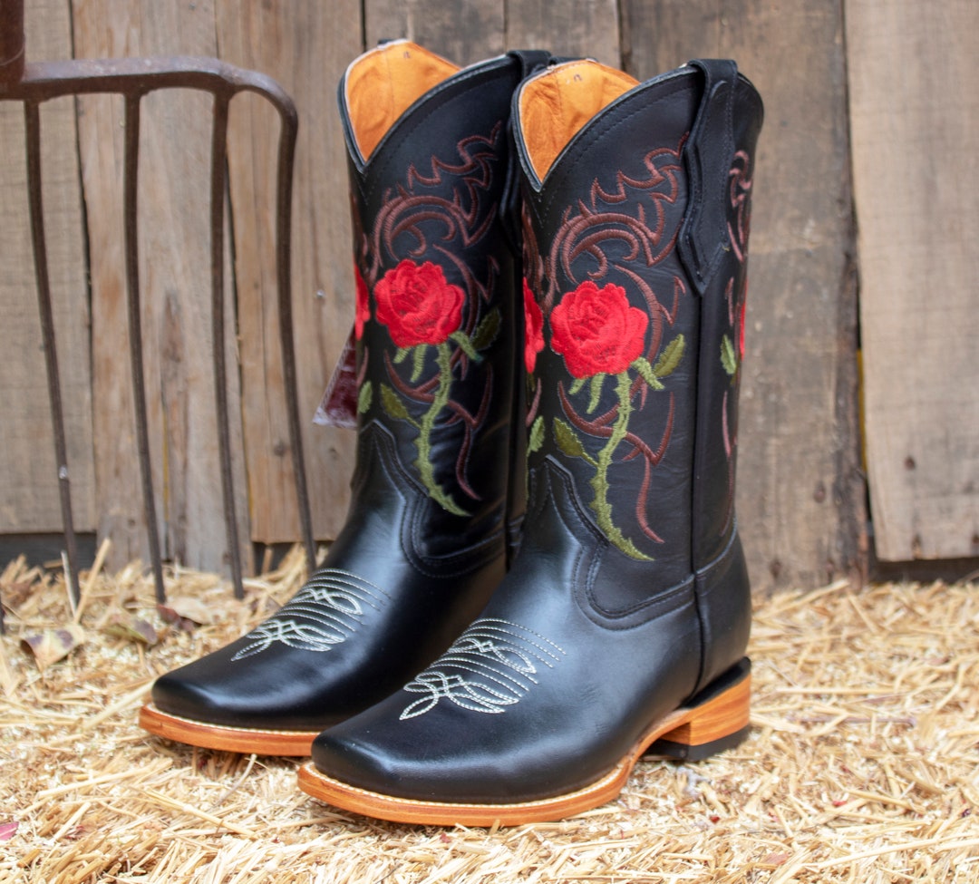 WOMENS COWGIRL Cowboy Square Toe Leather Rose Embroidered BOOTS -   Ireland
