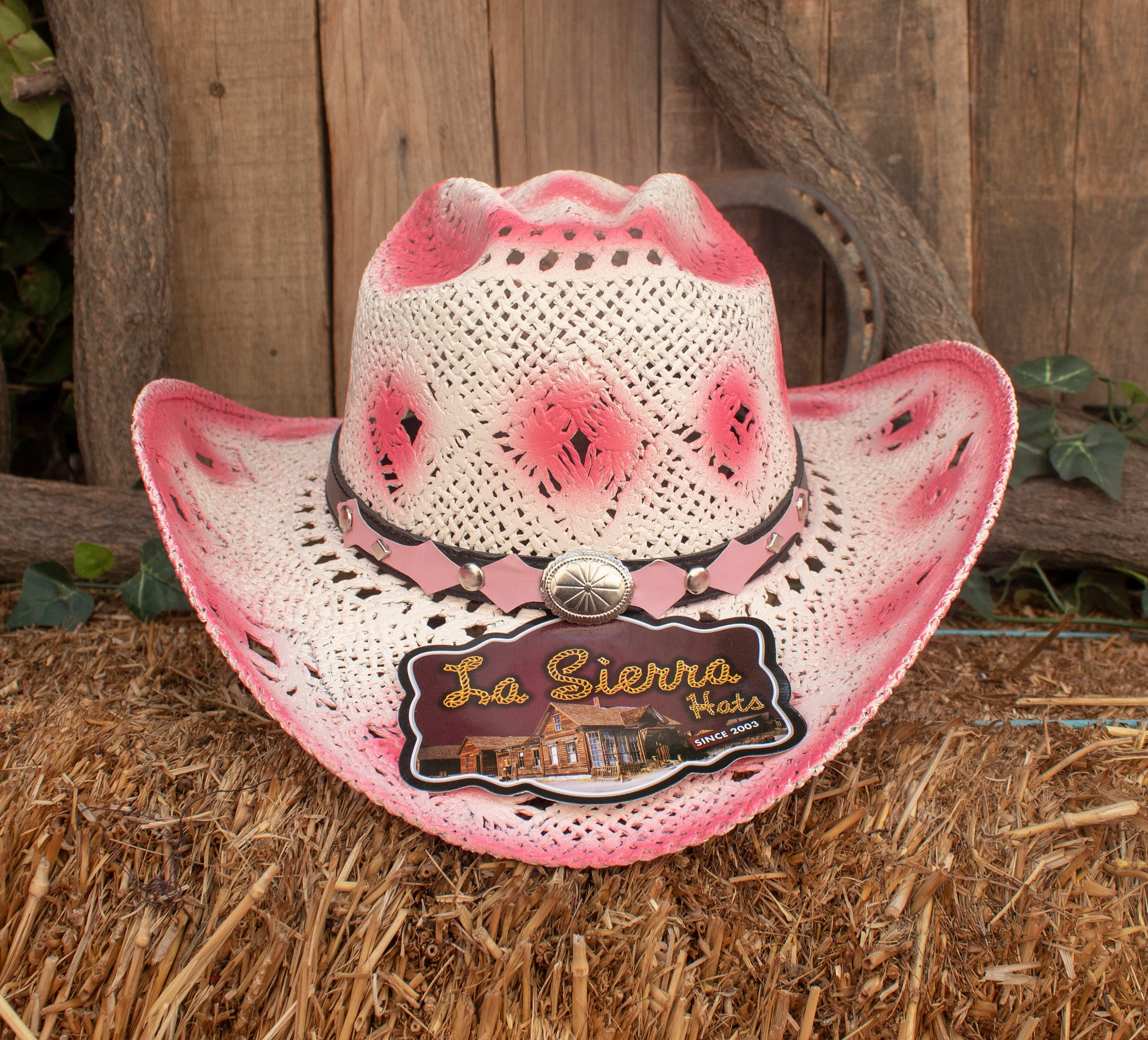 DAMEN Strohhut KUHMÄDCHEN Natur pink Western Cowboy Hut - .de