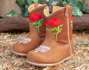 Girls BABY EMBROIDERED ROSE round toe leather cowgirl cowboy boots