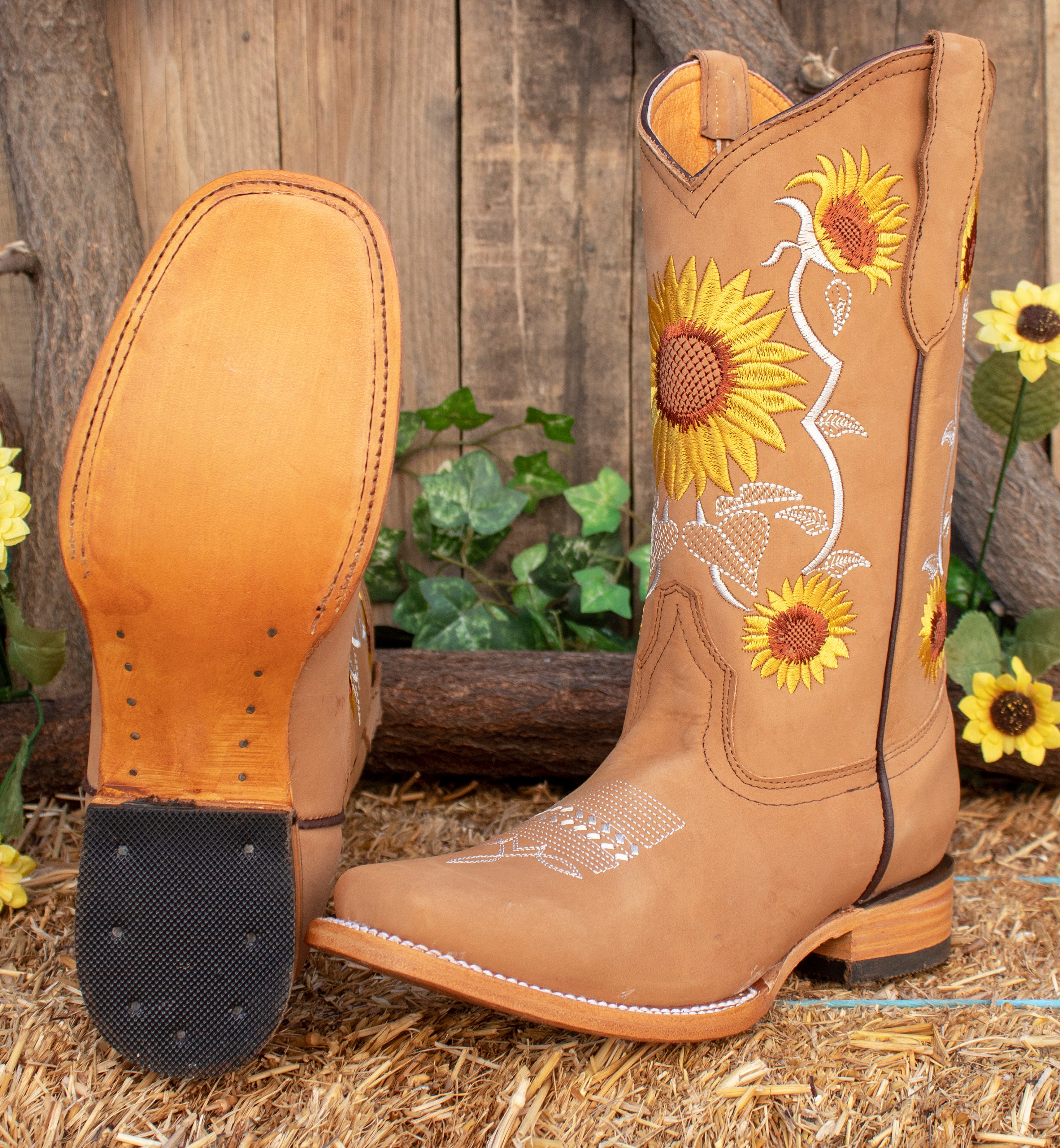 WOMENS COWGIRL Cowboy Square Toe Leather Sunflower Embroidered BOOTS -   Hong Kong