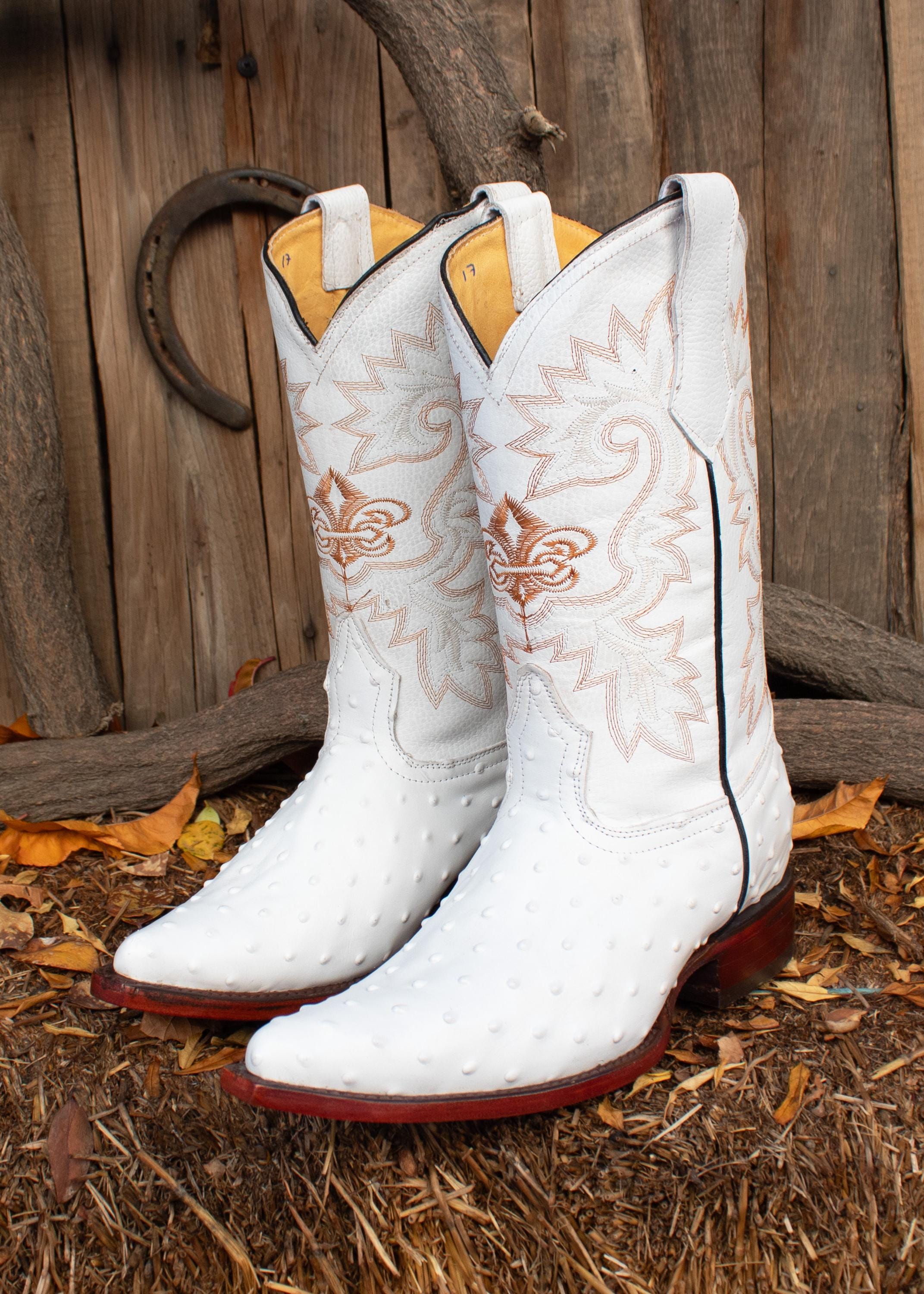 MENS LEATHER COWBOY White Chihuahua Pointed Toe Ostrich Faux