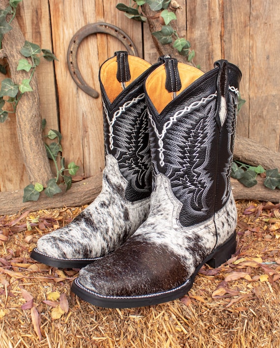 MENS Black White Authentic COW HAIR Leather Cowboy Western Square