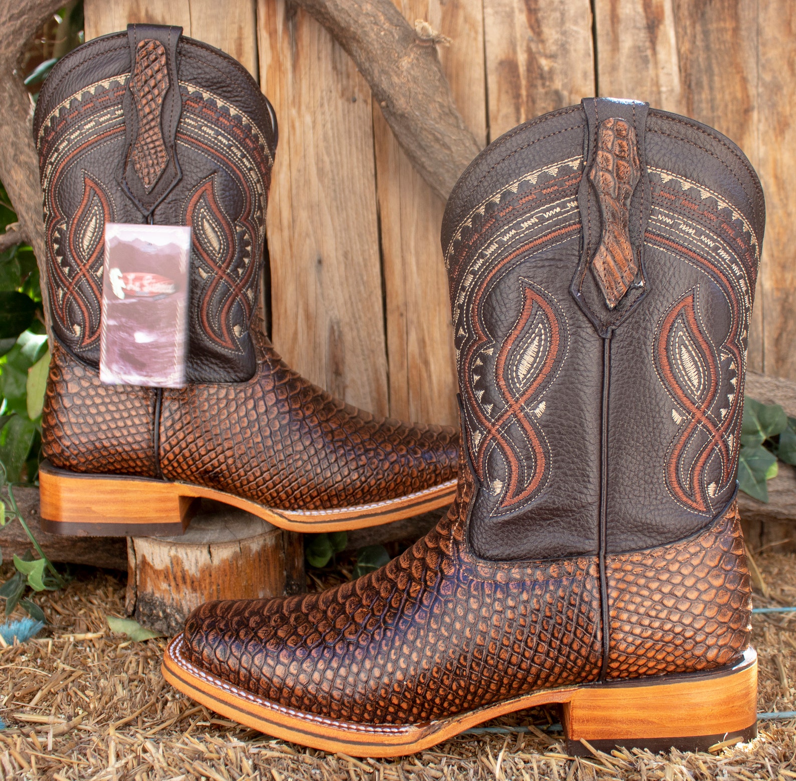 MENS Honey Brown PYTHON Snake Faux Leather Square Toe Cowboy Western ...