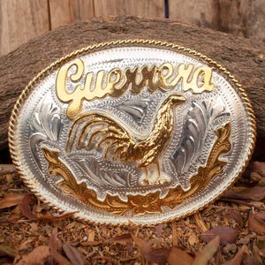 GUERRERO Mexico ROOSTER Gallo Engraved cowboy western Jaripeo alpaca belt buckle