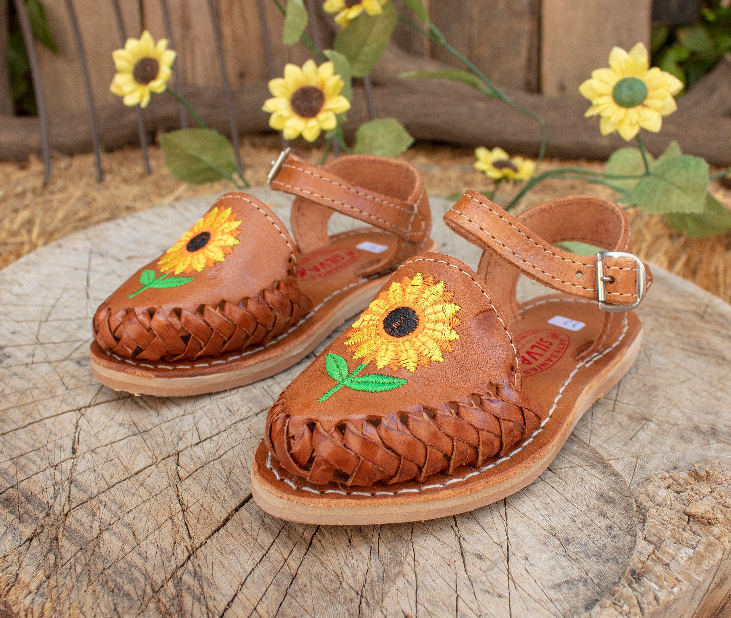 Girls TODDLER YOUTH SUNFLOWER Embroidered Leather Huarache Sandals