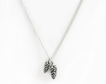 Double pine-cone pendant necklace, silver pine cone pendant, Pine cone necklace, Eternity necklace, Friendship necklace