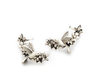 Silver cuff earrings, Silver Bird earring, Tropical Flower earrings, Floral Cuff earring