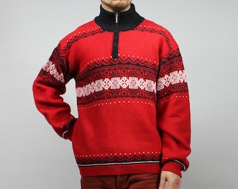 Vintage Pure Wool Nordic Christmas Sweater. Geometric Print Red Norwegian Pullover. M