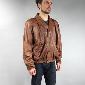 80s Boxy Genuine Leather Brown Men's Bomber Jacket . Vintage