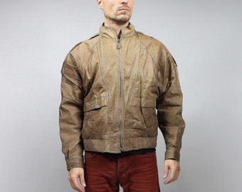 80s Genuine Leather Brown Bomber Jacket . Vintage Rocker Padded Short Warm Coat . Retro Warmed Biker Button up Punk Jacket / Sz L