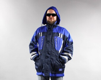 Vintage Unisex Hooded Ski Jacket Blue Black Windbreaker Shell Jacket . Oversized Snowboarding Coat Winter Sports Reflecting Bomber Jacket M