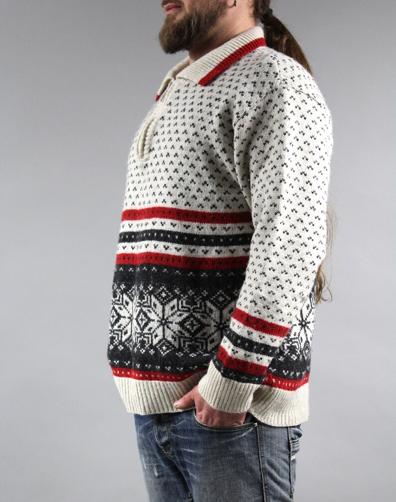 90s Wool Blend Norwegian Wool Pullover Retro Half Zip Striped Warm Oversized Scandinavian Jumper L Vintage UNISEX White Icelandic Sweater