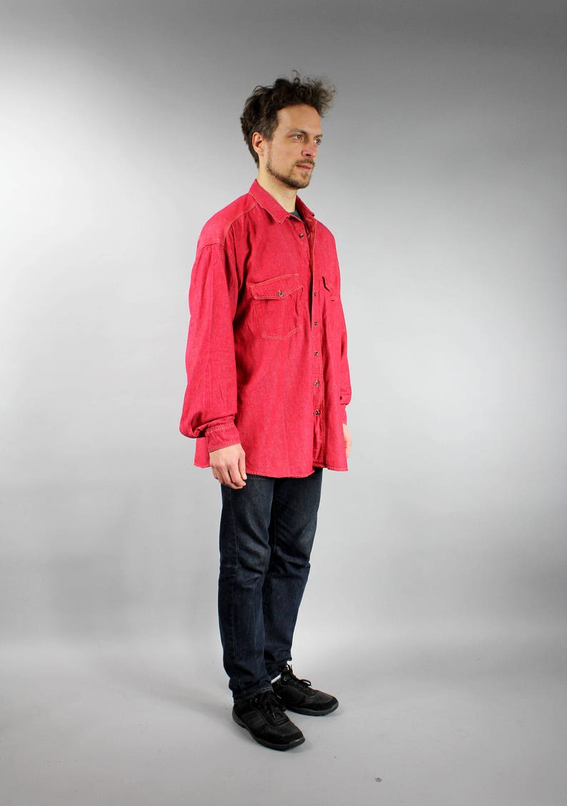 XXL Vintage Grunge Jean Blazer Extra Large Plus Size 80s Red DENIM Oversized Shirt