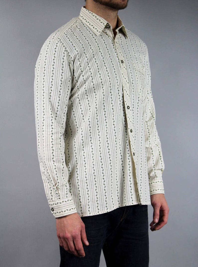 Men/'s Long Sleeve Oversized Boyfriend Western Shirt Large Vertical Striped Cotton Polo Shirt 80s Floral Print White Hipster Shirt L